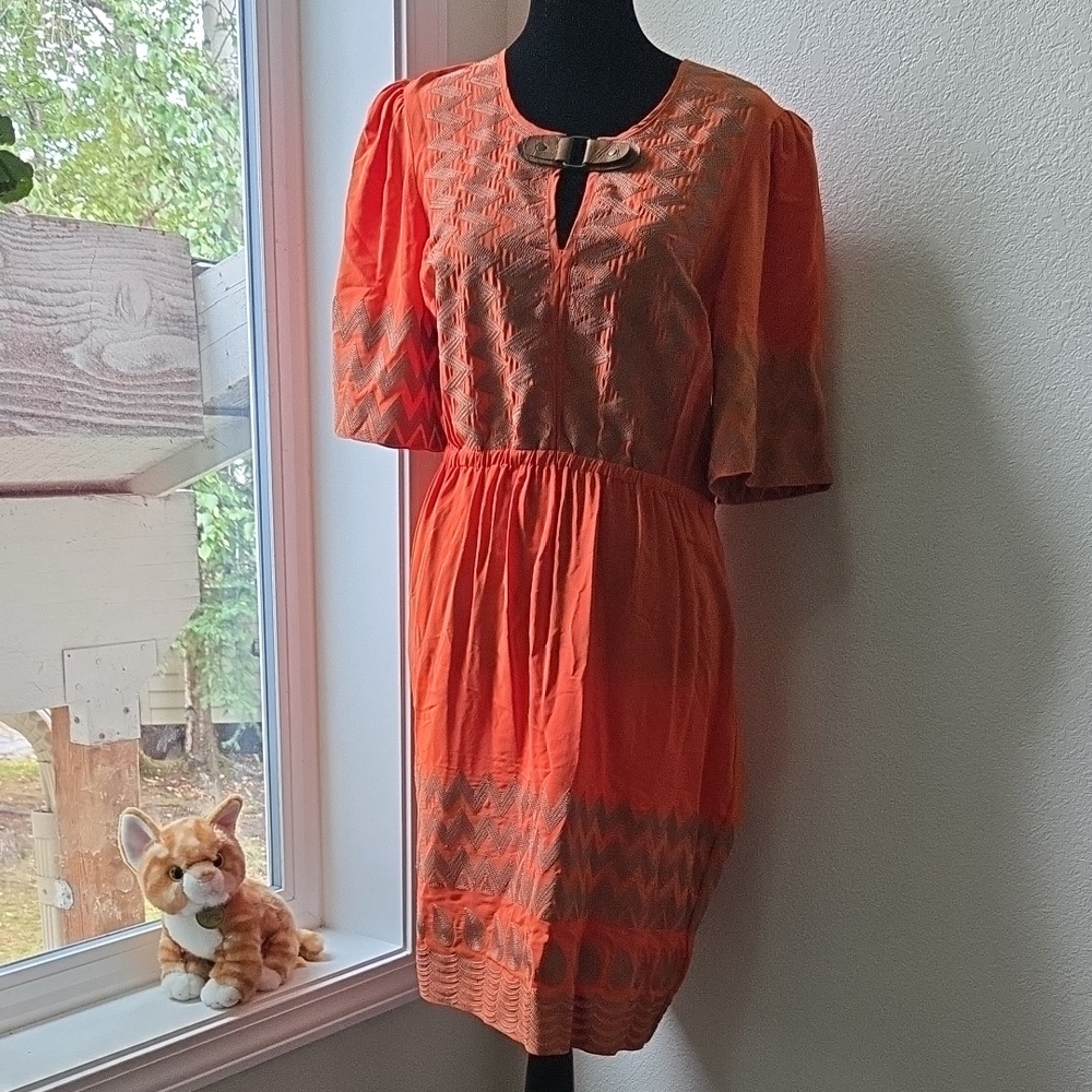 Tracy Reese Orange and Gray Chevron Midi Dress